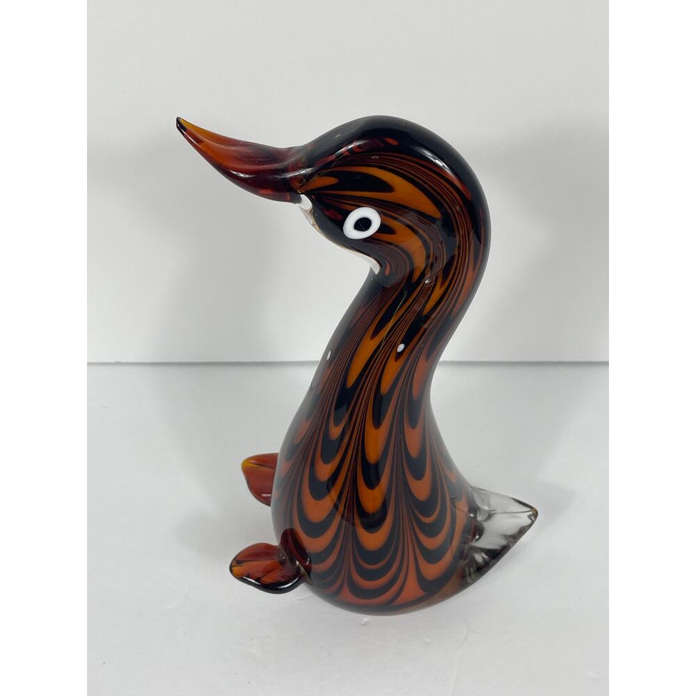 Art Glass “Duck” Sculpture Brown Amber Goose Bird Patterned Figurine Hand blown
